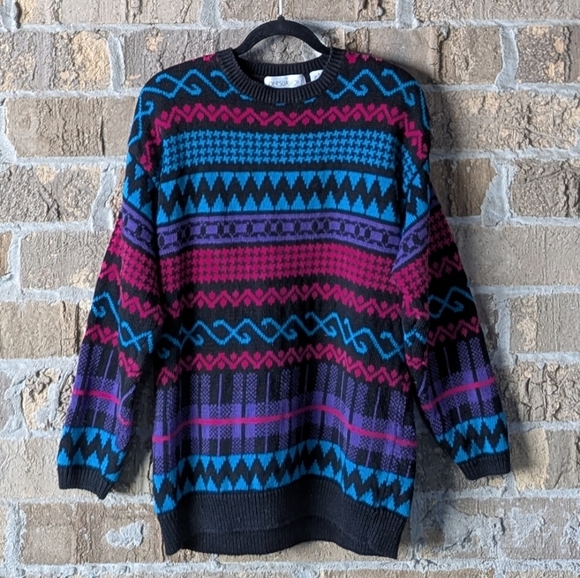 VTG 80s Persuasion Mixed Pattern Crew Neck Tunic Sweater Small Oversized Black - Picture 1 of 6